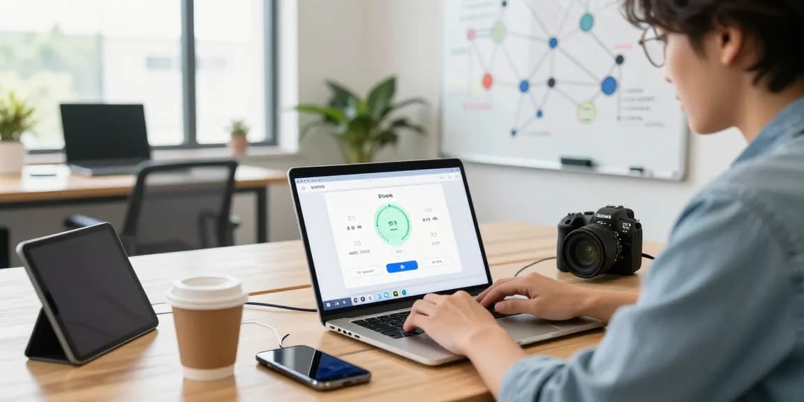 快连 app on laptop in a tech workspace highlighting network performance and productivity.