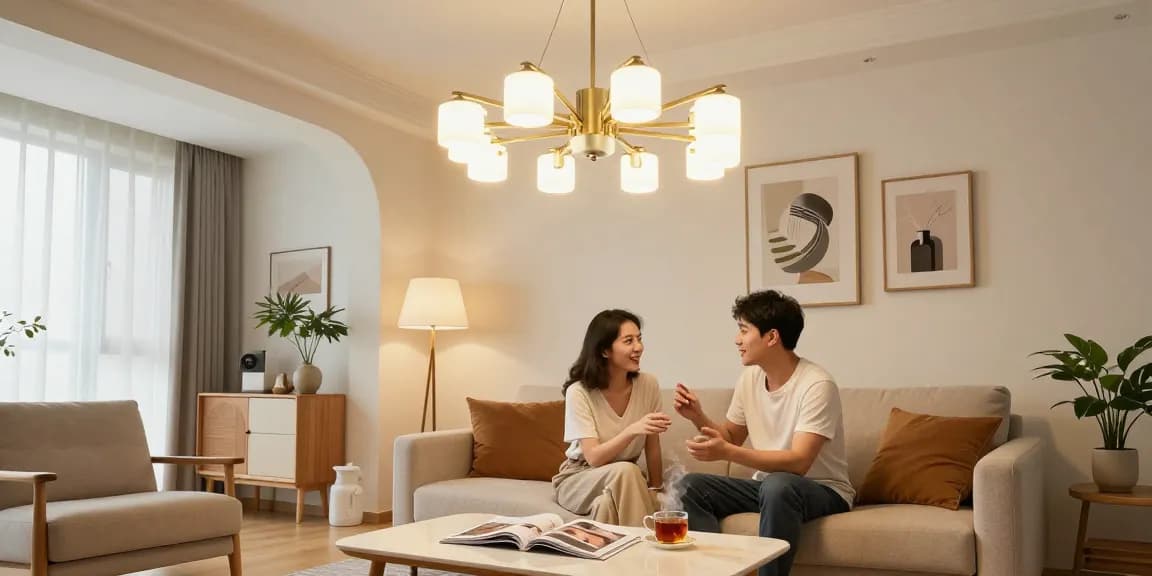 Candelabru living elegant în amenajarea unui living modern cu cuplu relaxat.