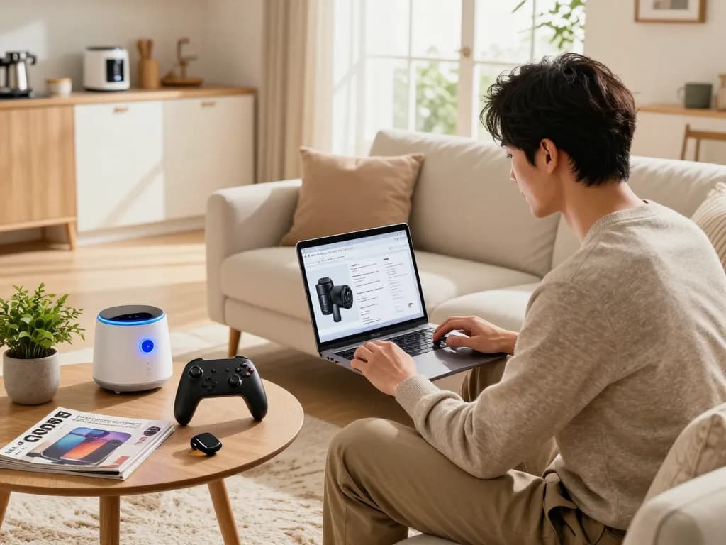 Exploring smart tech gadgets including Bluetooth gaming controllers and health devices in a cozy living room.