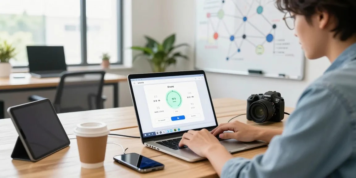 快连 app on laptop in a tech workspace highlighting network performance and productivity.