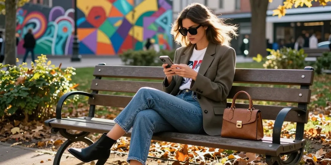 Fashionable young woman in stylish outfit enjoying urban park life.