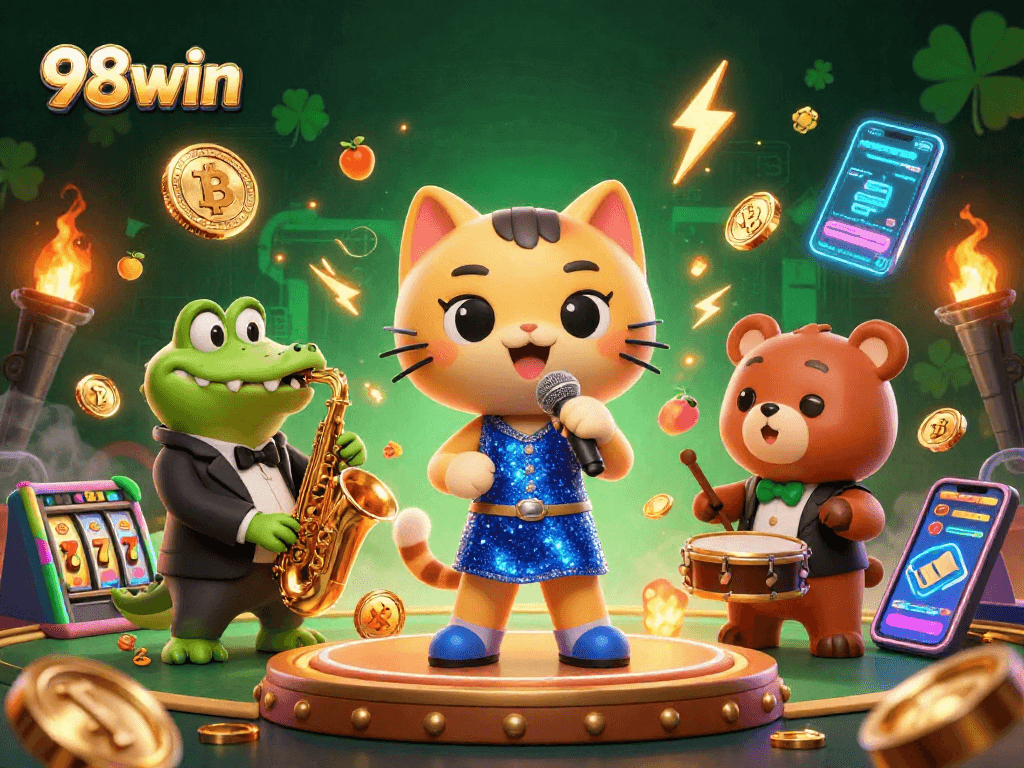 Experience the excitement of 98win with captivating casino characters, vibrant slot game elements, and crypto treasures.