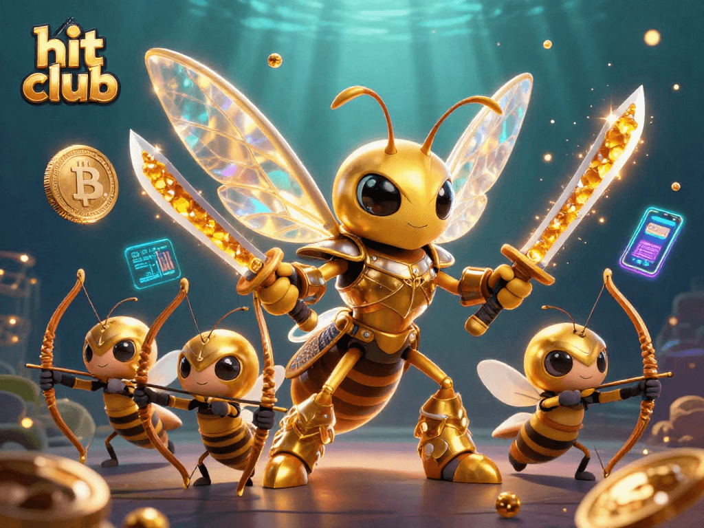 Engage with hit club's vibrant gaming scene featuring a golden hornet samurai and crypto elements.