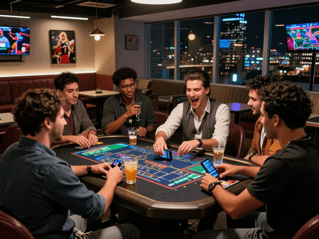 Dynamic gambling lounge where friends place bets at nhà cái debet, showcasing live sports on screens.