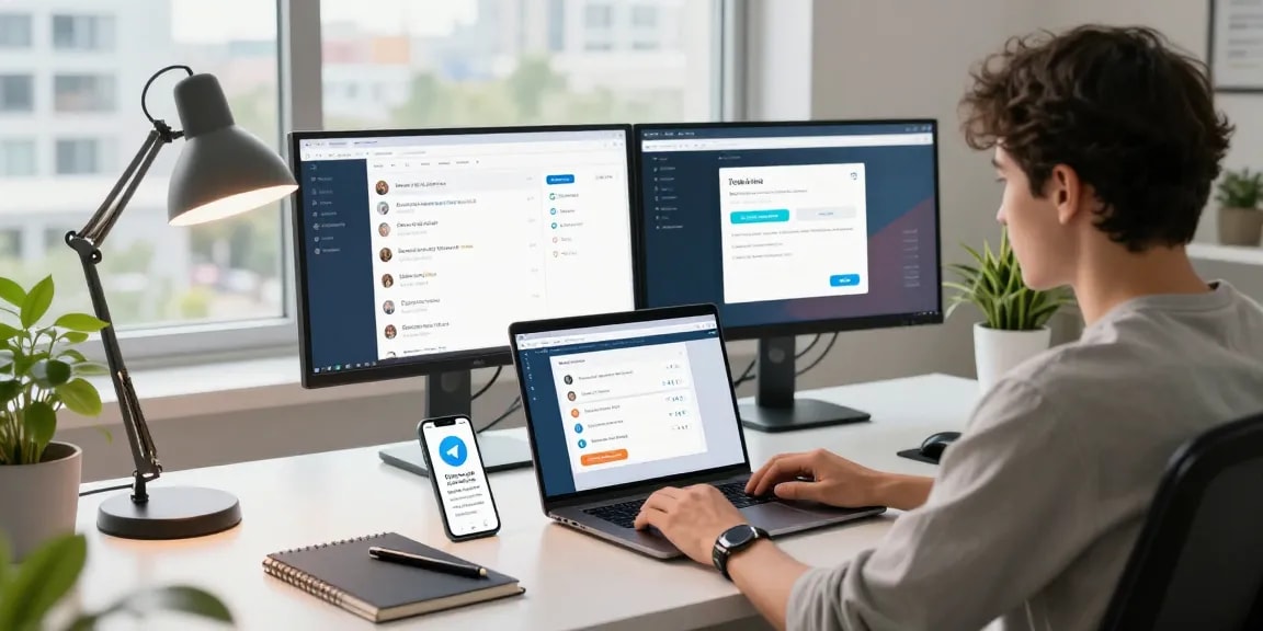 Using Telegram Web Version on a modern workspace with laptop and city view.