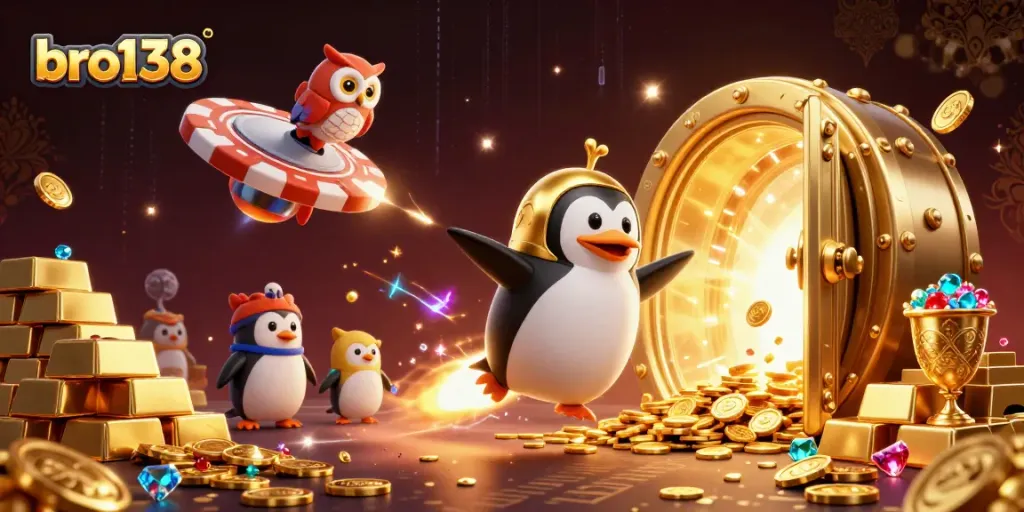 Experience bro138 with a rocket-powered penguin exploring a casino world filled with gems and riches.