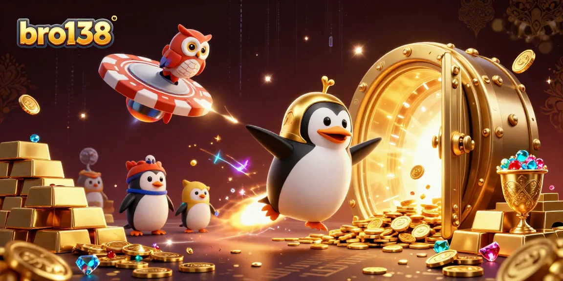 Experience bro138 with a rocket-powered penguin exploring a casino world filled with gems and riches.