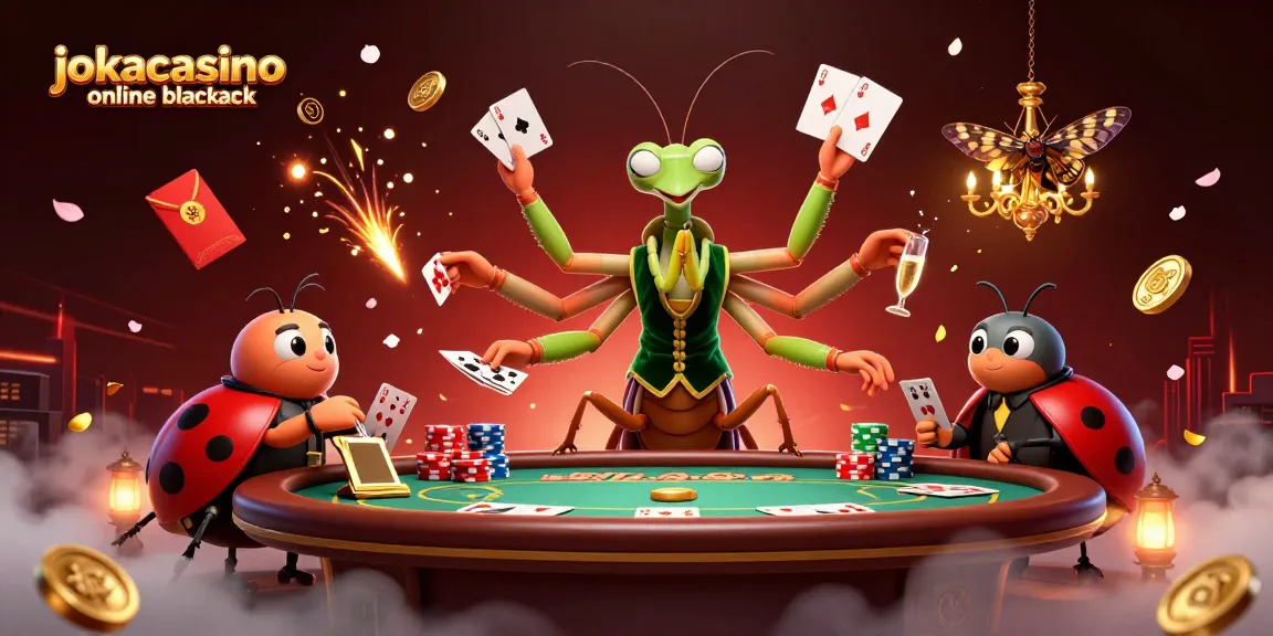 Experience thrills with jokacasino online blackjack as a mantis card sharp deals cards in a vibrant casino setting.