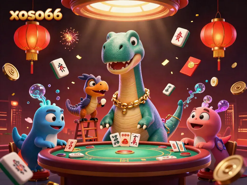 Engage with xoso66 at this vibrant casino scene featuring a towering brontosaurus and dynamic card game action.