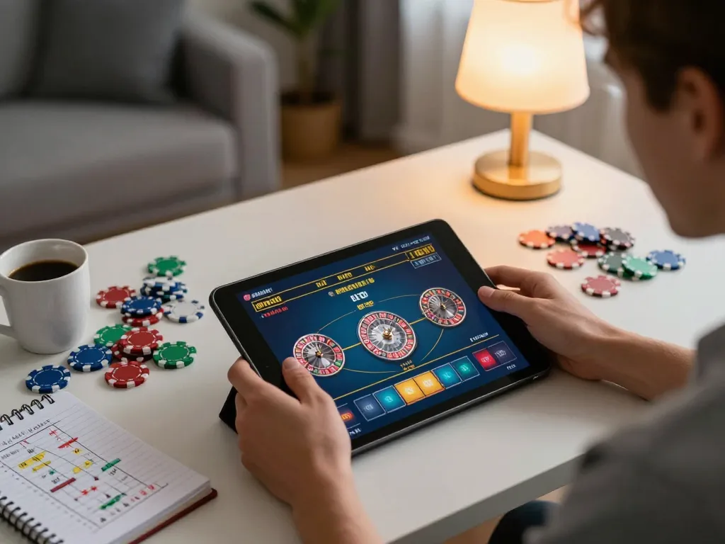 Engaging online gambling scene with Nhà cái S8 user enjoying a live roulette game on tablet.
