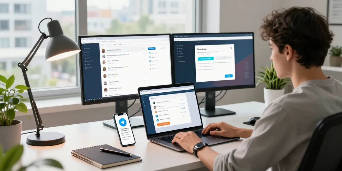Using Telegram Web Version on a modern workspace with laptop and city view.