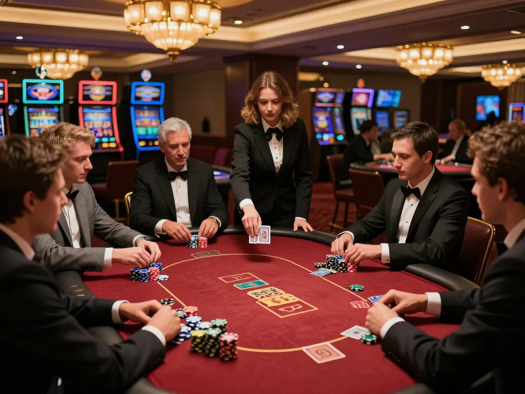 Players strategizing in a high-stakes poker game at 88vv casino, showcasing rich ambiance and competitive atmosphere.