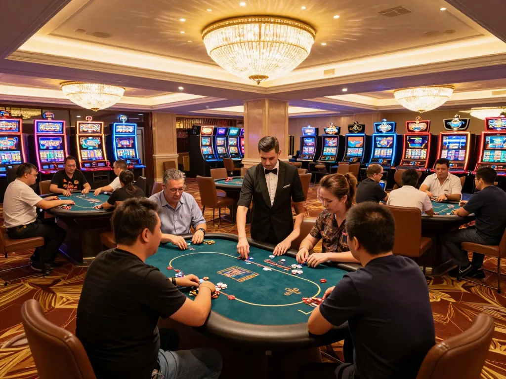 Players strategizing at Xin88's poker tables, showcasing a vibrant and exciting casino atmosphere.
