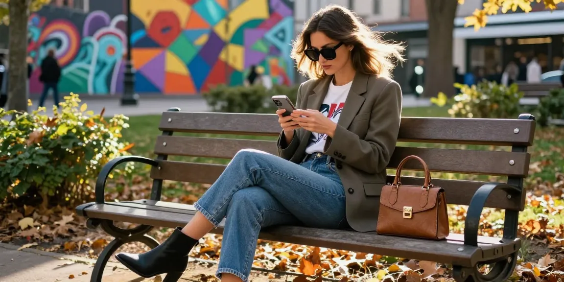 Fashionable young woman in stylish outfit enjoying urban park life.