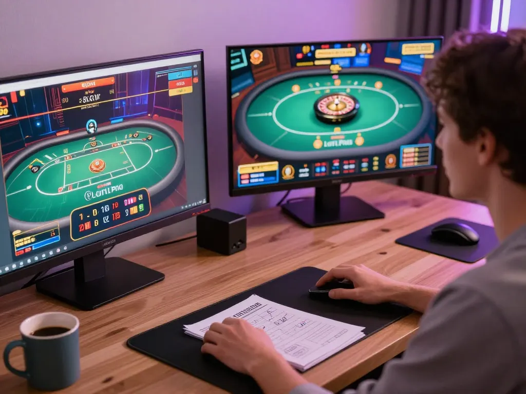 8day online gaming setup with multiple screens showing casino games and a cozy atmosphere