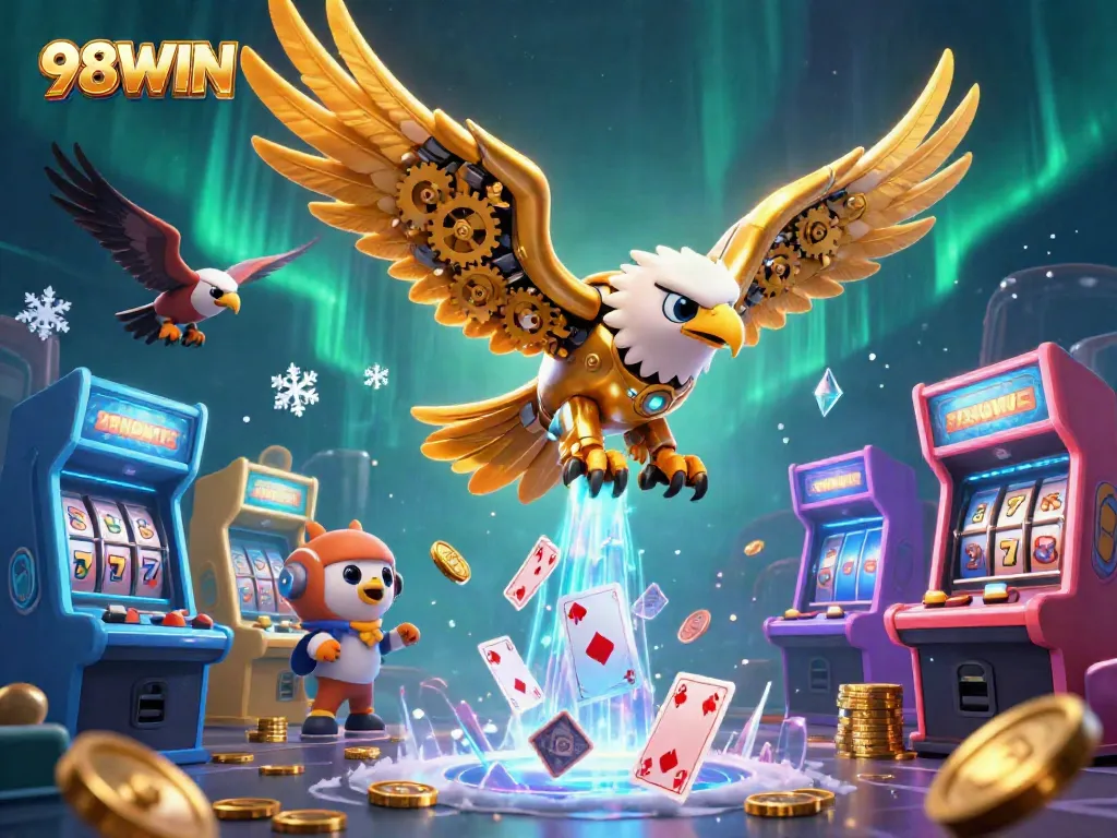 Experience the thrill of gaming with 98WIN's vibrant casino illustration filled with dynamic elements.