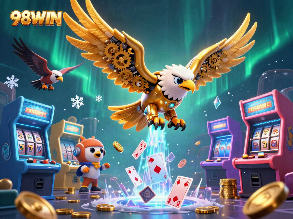 Experience the thrill of gaming with 98WIN's vibrant casino illustration filled with dynamic elements.