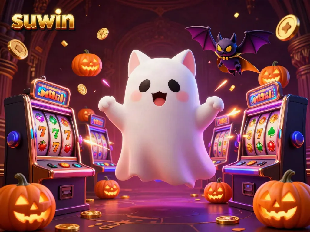 Suwin tantalizes players with a vibrant scene featuring a playful ghost cat amidst a haunted casino filled with golden jackpots.