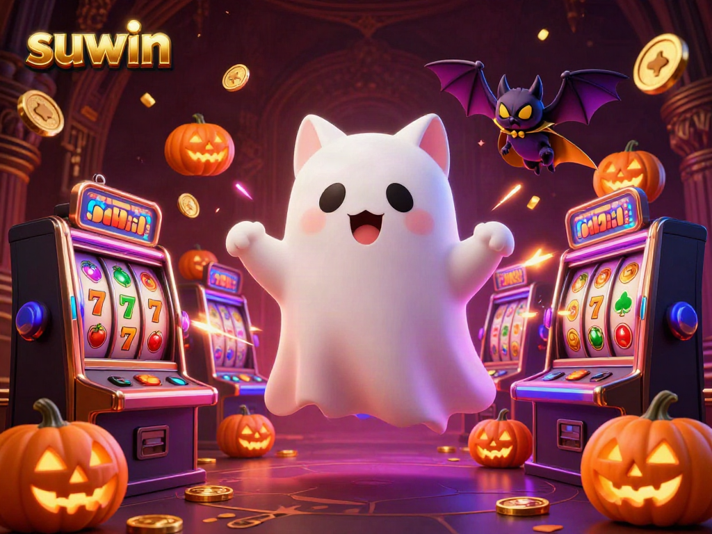 Suwin tantalizes players with a vibrant scene featuring a playful ghost cat amidst a haunted casino filled with golden jackpots.
