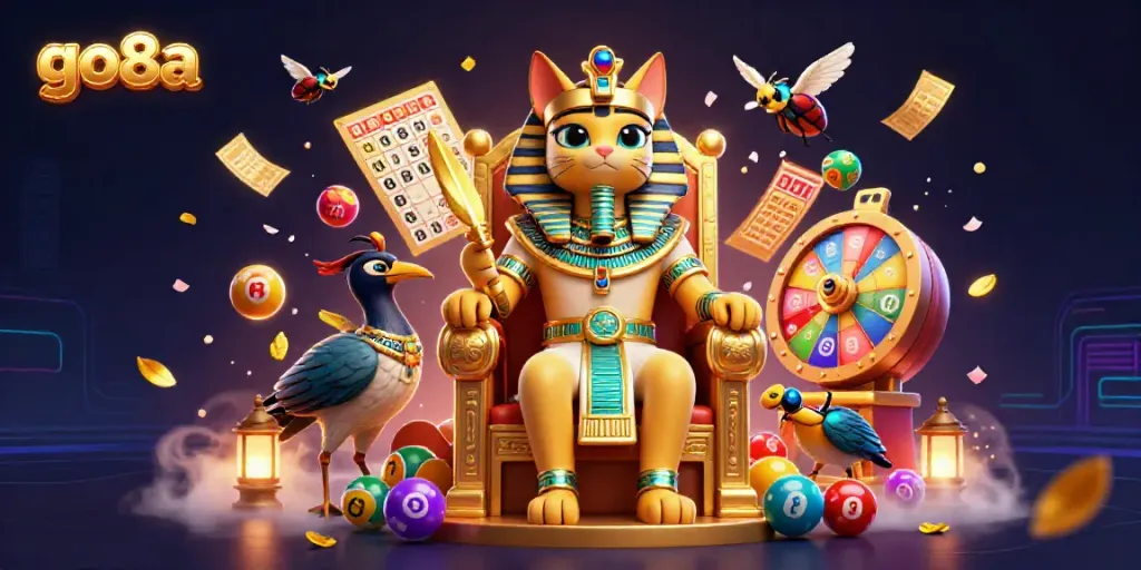 Engaging scene showcasing go8a's vibrant gambling universe with Egyptian cat pharaoh and exciting game elements.