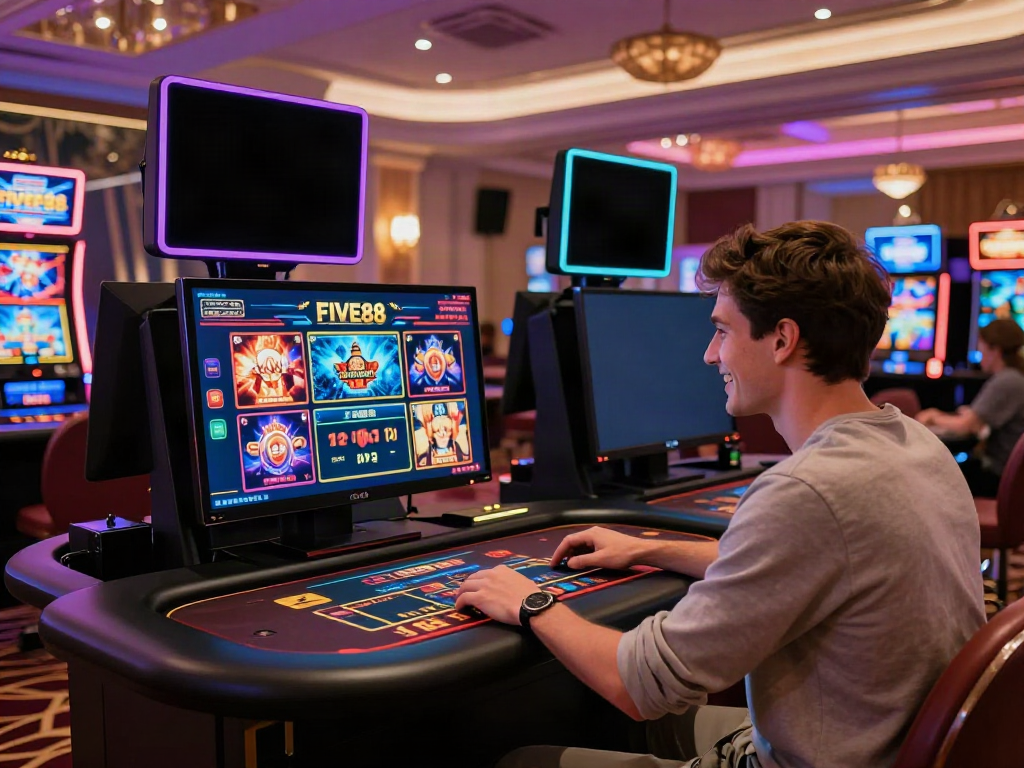 Player engaging with FIVE88's online casino features in a luxurious gaming environment.