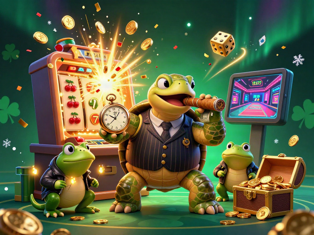 Experience an exciting moment in sin88's casino with a playful snapping turtle and bullfrogs amidst vibrant gaming elements.