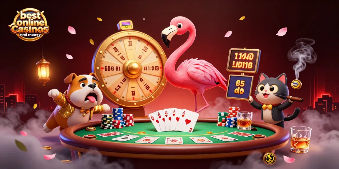 Engaging scene with a flamingo host and bulldog contestant at the best online casinos real money game, showcasing vibrant casino action.