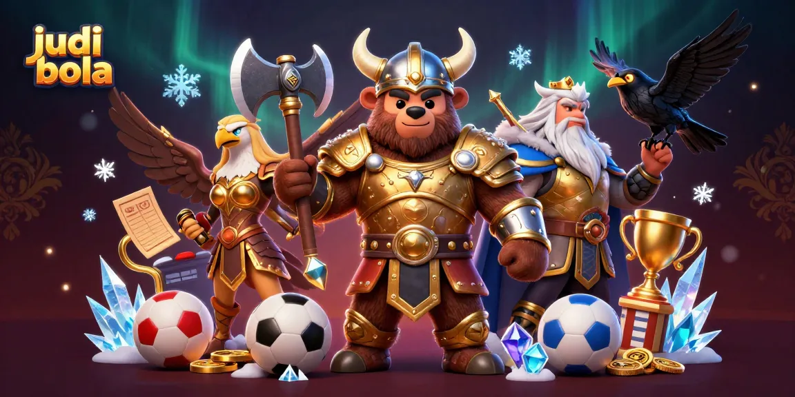 Experience judi bola action with a Viking bear, Valkyrie eagle, and glowing runes in a dynamic sports betting scene.