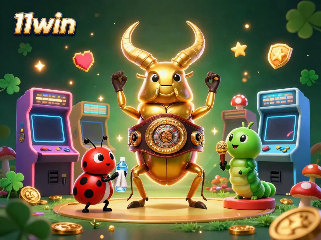 Engage 11win players in a vibrant casino scene with a boxing beetle and gaming elements