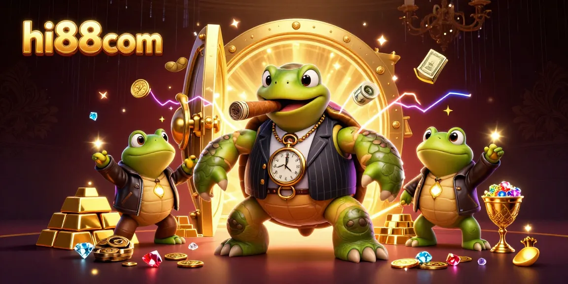Experience the thrill of gambling with hi88com's vibrant casino illustration featuring characters, treasures, and lights.