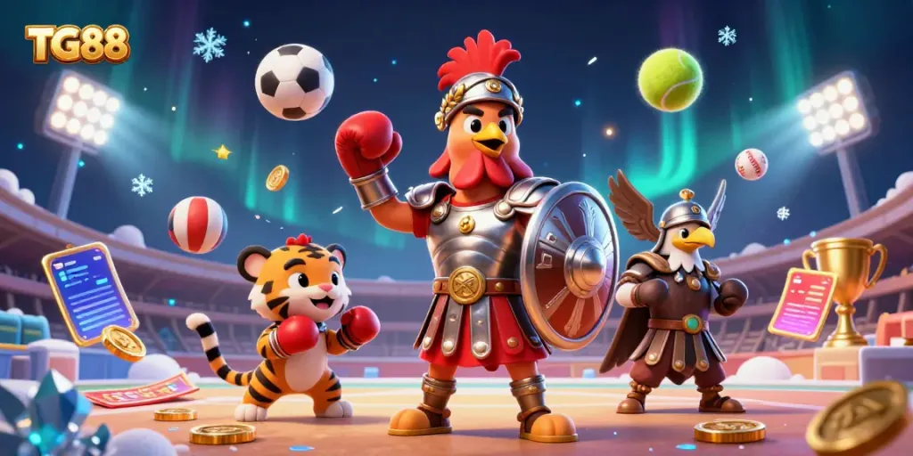 Engage in thrilling action at TG88, featuring a gladiator rooster, tiger cub, and eagle surrounded by dynamic sports elements.