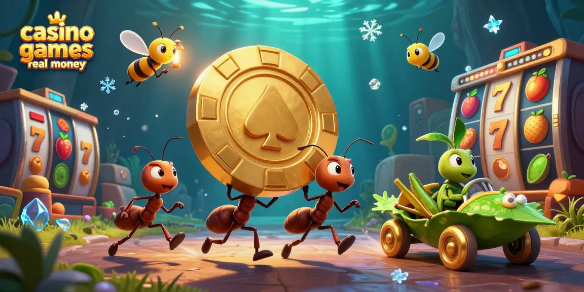 Experience casino games real money as ants carry a giant poker chip through a vibrant heist scene.