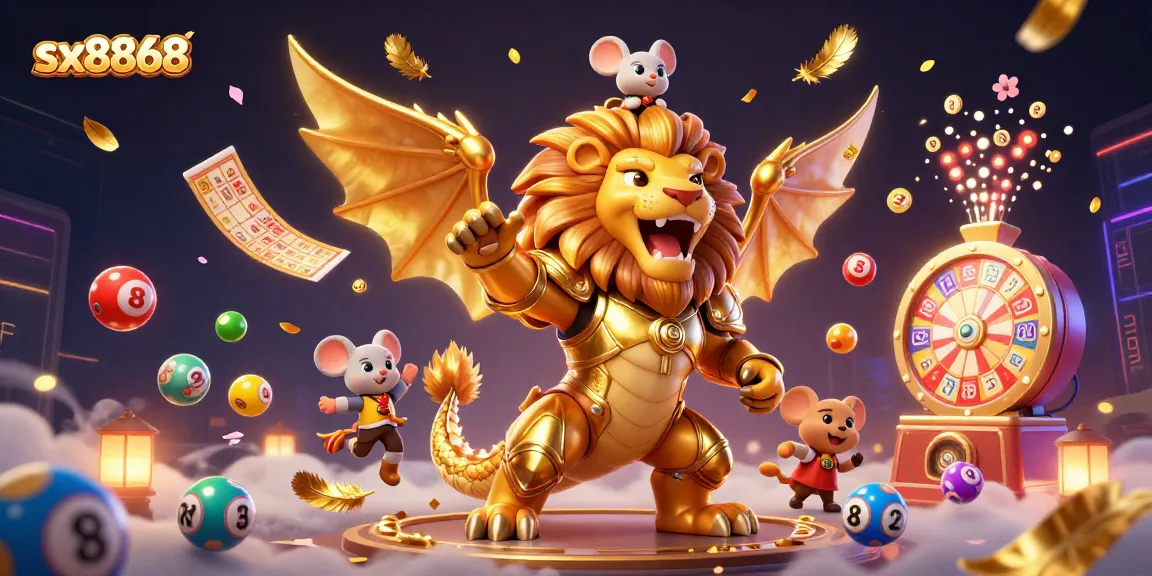 Experience thrilling wins at sx8868 with a triumphant chimera surrounded by dynamic lottery game elements.