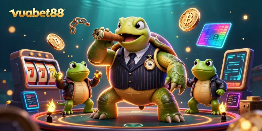 Experience thrilling slots at vuabet88 with a colorful 3D illustration showcasing a mobster turtle, bullfrog enforcers, and casino game elements.