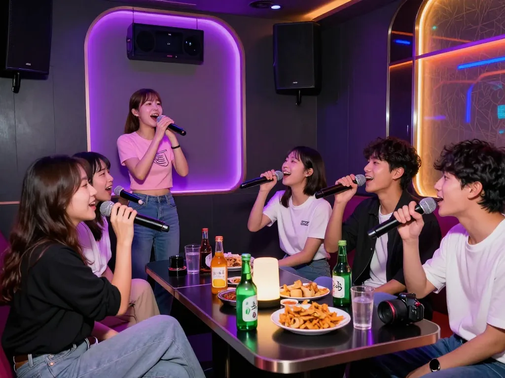활기찬 손님들이 음료와 음악을 즐기는 인천쓰리노 노래방에서의 신나는 순간.