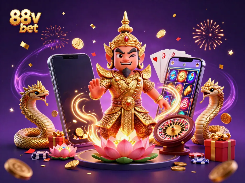 Engage with thrilling 88v bet games as a Thai guardian and Naga serpents celebrate winning moments in a vibrant casino scene.