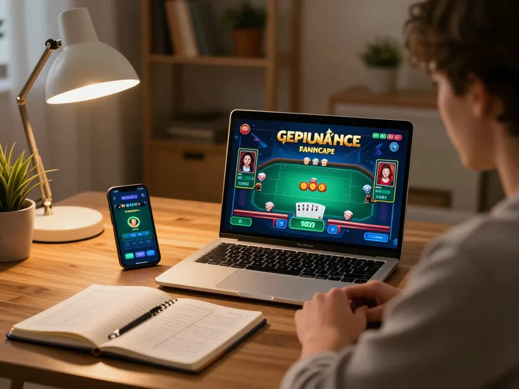 Playing game bài đổi thưởng on laptop at home with notes and smartphone showing winning strategies