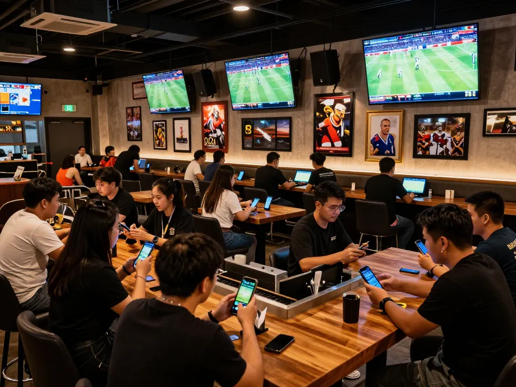 Patrons betting on kèo nhà cái 88 in a lively sports bar with multiple screens showing games