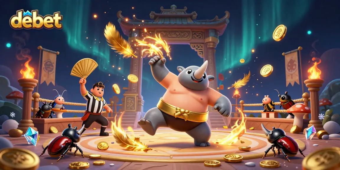 Engaging debet betting illustration with vibrant 3D rhinoceros beetle champions and gold coins flying.
