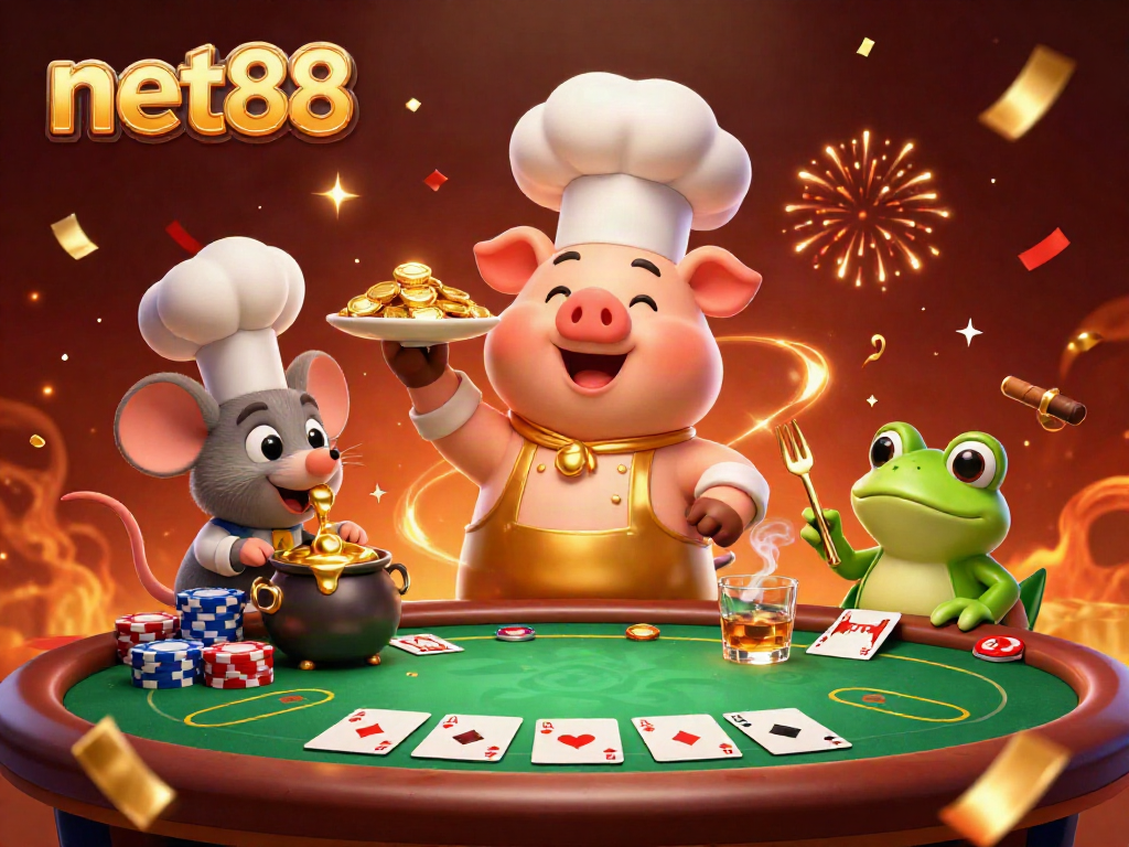 Experience winning strategies with net88 through this colorful casino-themed illustration featuring engaging characters.