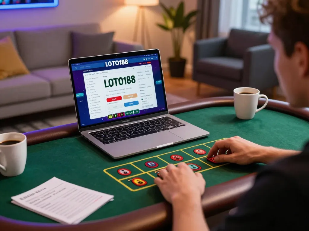 Engaging with LOTO188 online casino setup, player focused on live dealer game with cozy atmosphere.