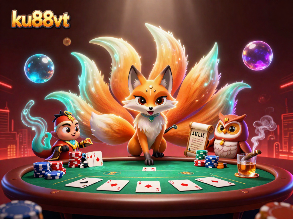 Experience the magic of ku88vt with a vibrant 3D scene featuring a mystical nine-tailed fox, poker elements, and glowing effects.