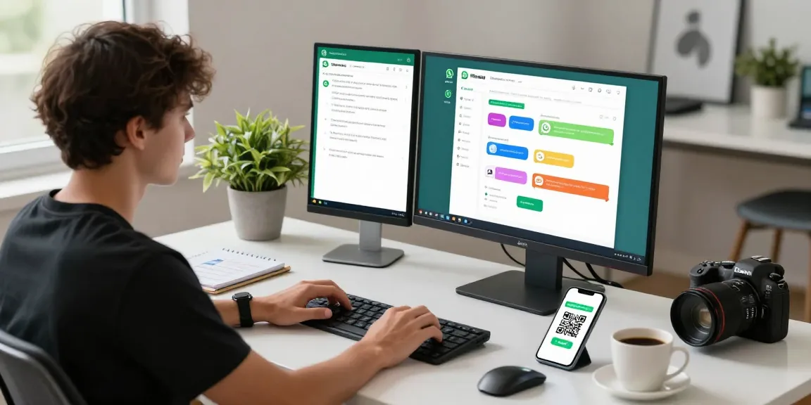 Professional using WhatsApp網頁版 on desktop with dual monitors and smartphone.