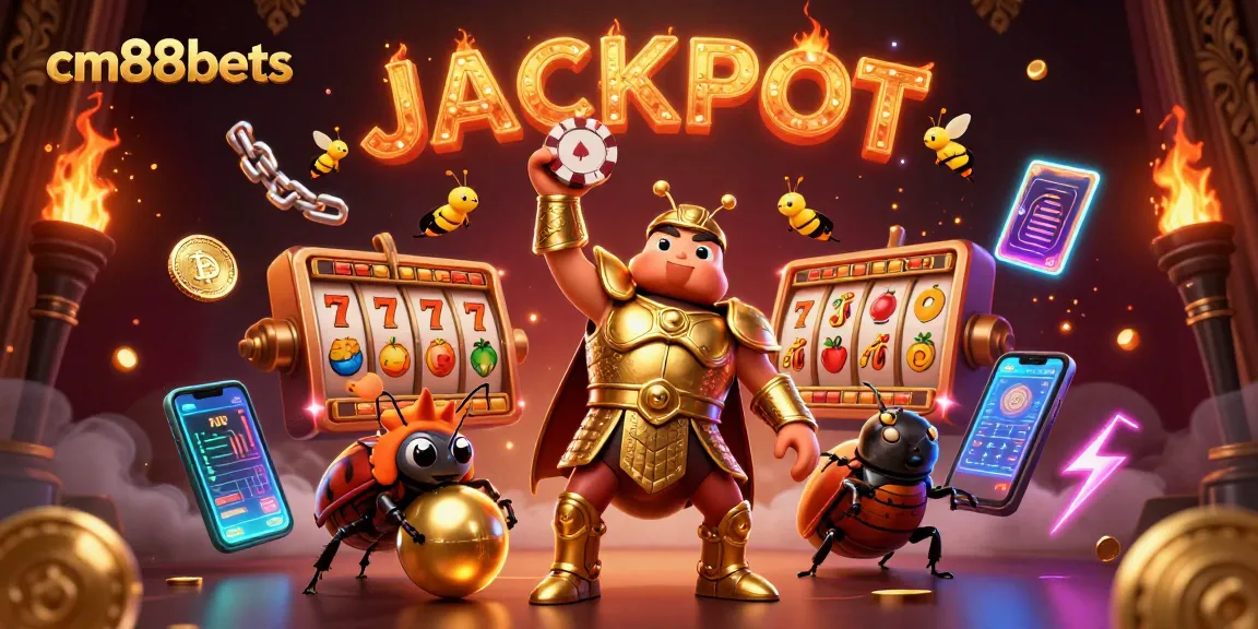 Experience thrilling gameplay at cm88bets with 3D beetles celebrating a jackpot amidst vibrant casino elements.