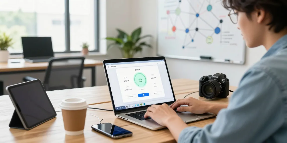 快连 app on laptop in a tech workspace highlighting network performance and productivity.
