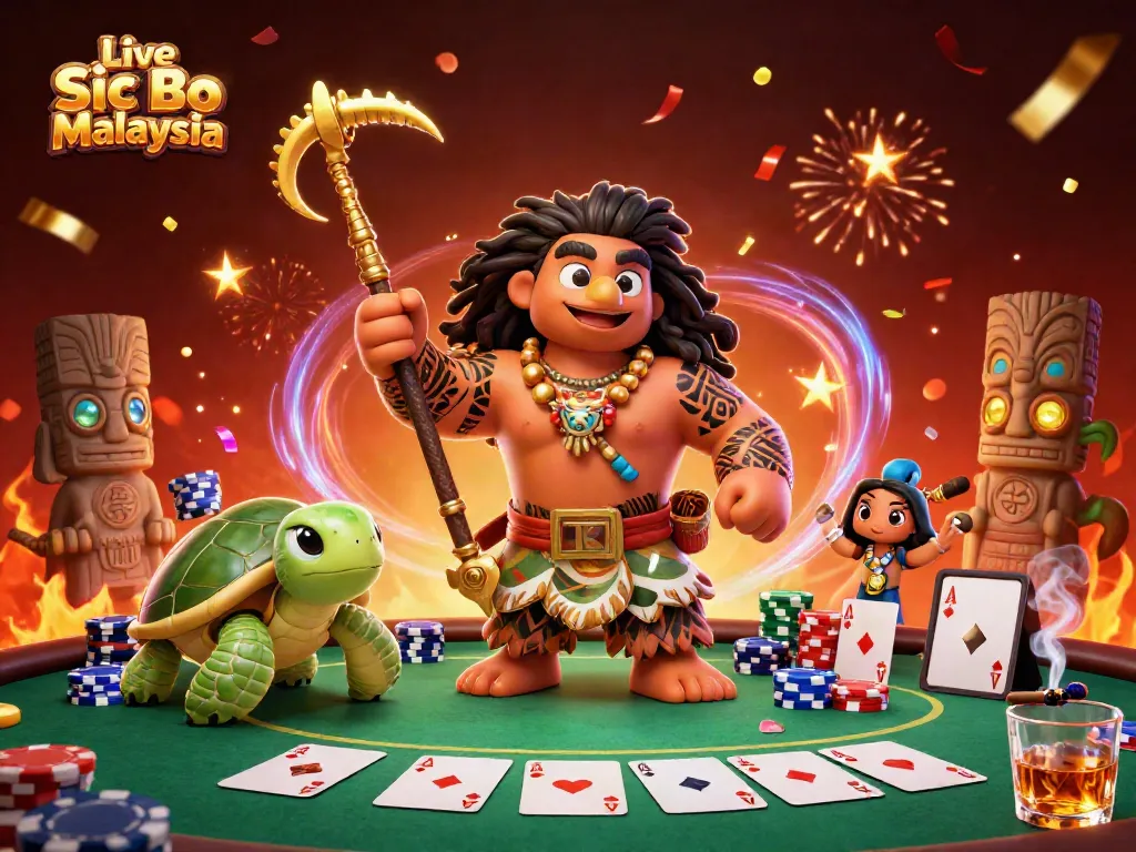 Experience the excitement of Live Sic Bo Malaysia as a Polynesian hawk and turtle celebrate winnings at a vibrant casino.