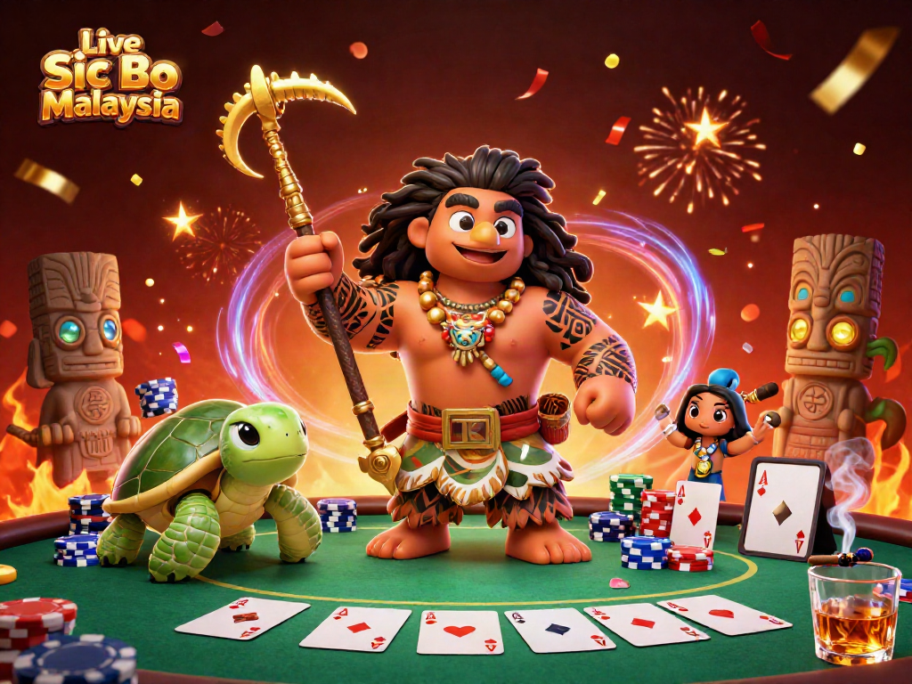 Experience the excitement of Live Sic Bo Malaysia as a Polynesian hawk and turtle celebrate winnings at a vibrant casino.