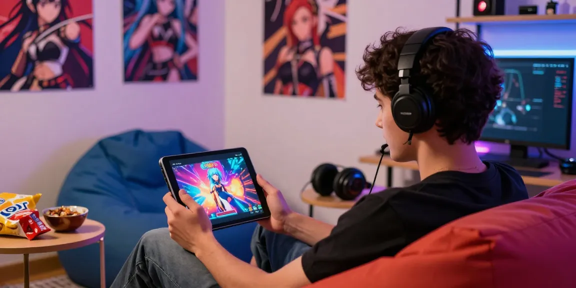 Young adult immersed in a colorful hentai game on tablet in cozy gaming setup.
