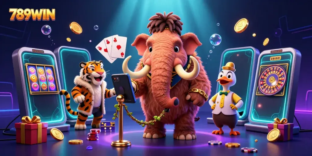 Experience the excitement of 789WIN as a woolly mammoth bouncer greets a VIP saber-tooth tiger amidst dynamic casino elements.