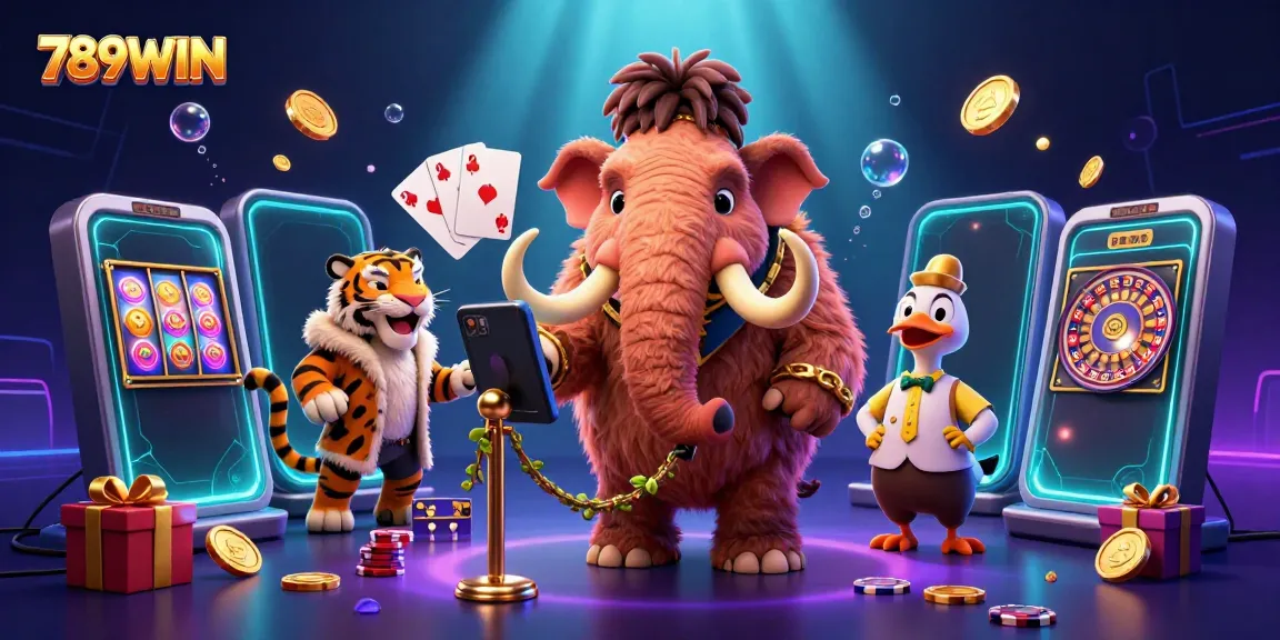 Experience the excitement of 789WIN as a woolly mammoth bouncer greets a VIP saber-tooth tiger amidst dynamic casino elements.